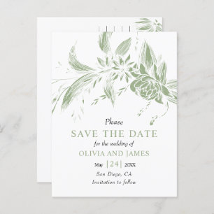 Sage green and white flowers Save the Date Postcard