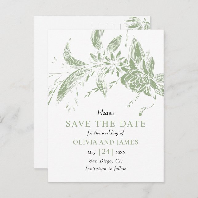 Sage green and white flowers Save the Date Postcard (Front/Back)