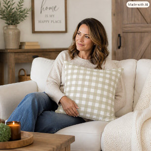 Sage Green and White Gingham Farmhouse Pattern Cushion