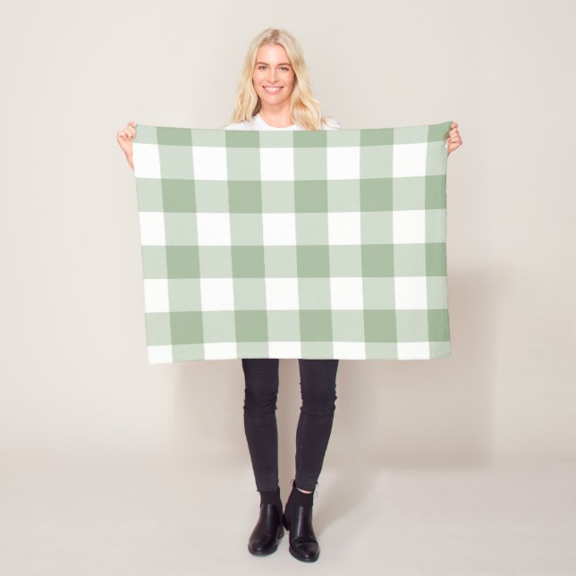 Sage Green and White Gingham Plaid Fleece Blanket (In Situ)