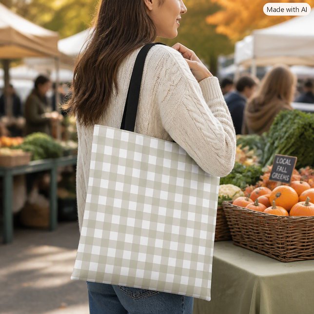 Sage Green and White Gingham Plaid Pattern Tote Bag (A tote bag with a sage green and white gingham plaid pattern.)