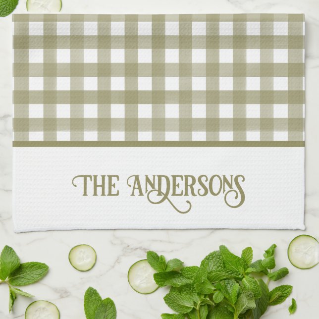 Sage Green and White Gingham Plaid Personalised Tea Towel (Folded)