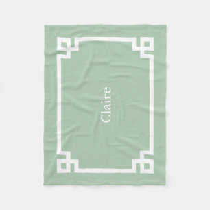 Sage Green and White Greek Key Monogram Fleece Blanket