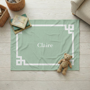 Sage Green and White Greek Key Monogram Fleece Blanket