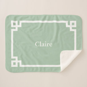 Sage Green and White Greek Key Monogram Sherpa Blanket