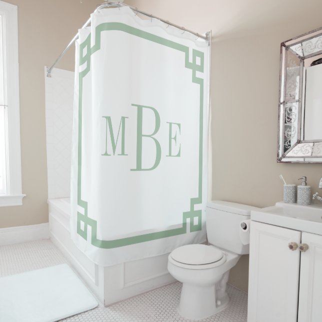 Sage Green and White Greek Key | Monogrammed Shower Curtain (In Situ)