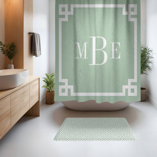 Sage Green and White Greek Key | Monogrammed Shower Curtain (Creator Uploaded)