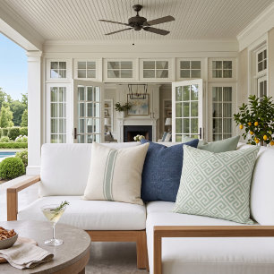 Sage Green and White Greek Key Pattern Cushion