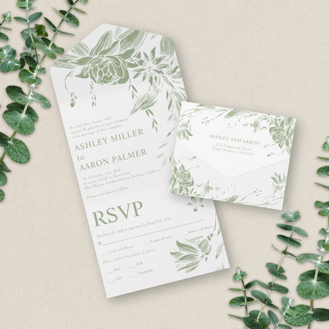 Sage green and white line art flowers wedding  all in one invitation (Creator Uploaded)