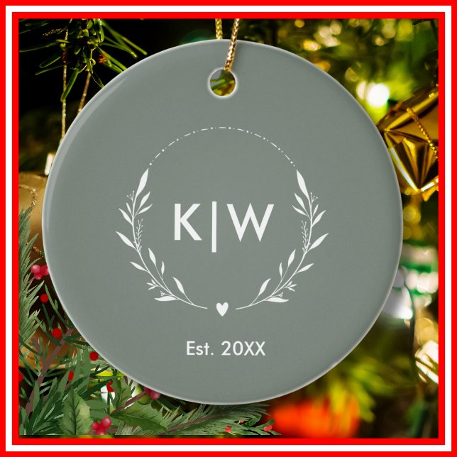 Sage Green and White | Modern Initials Monogram Ceramic Tree Decoration (Creator Uploaded)
