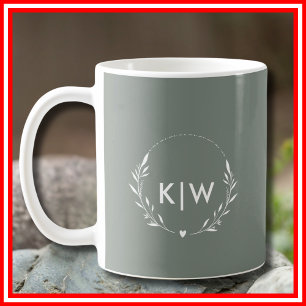 Sage Green and White Modern Initials Monogram Coffee Mug