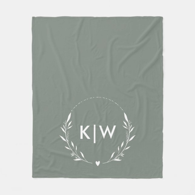 Sage Green  and White | Modern Initials Monogram Fleece Blanket (Front)