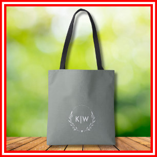 Sage Green and White Modern Initials Monogram Tote Bag