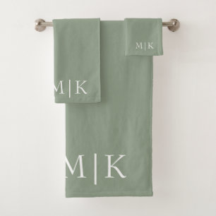 Sage Green and White   Modern Monogram Bath Towel Set