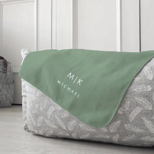 Sage Green and White   Modern Monogram Fleece Blanket
