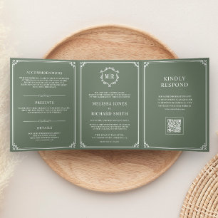 Sage Green and White Monogram QR Code Wedding Tri-Fold Invitation