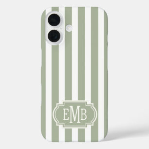 Sage Green and White Monogrammed Stripes iPhone 16 Case
