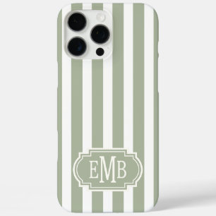 Sage Green and White Monogrammed Stripes iPhone 16 Pro Max Case