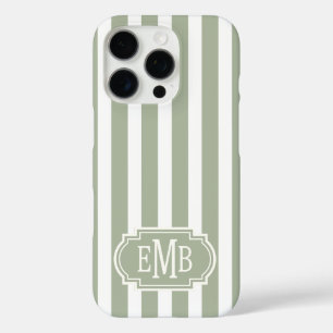 Sage Green and White Monogrammed Stripes iPhone 16 Pro Case