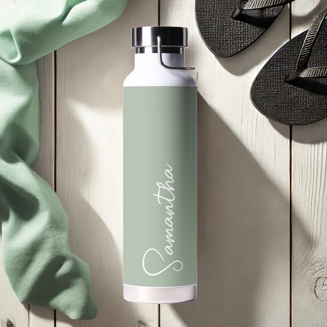 Sage Green and White Personalised Water Bottle (Sage green water bottles personalized by Do Tell A Belle)