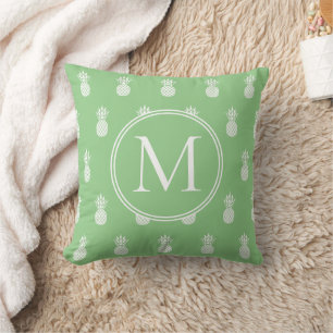 Sage Green and White Pineapples Monogram Cushion