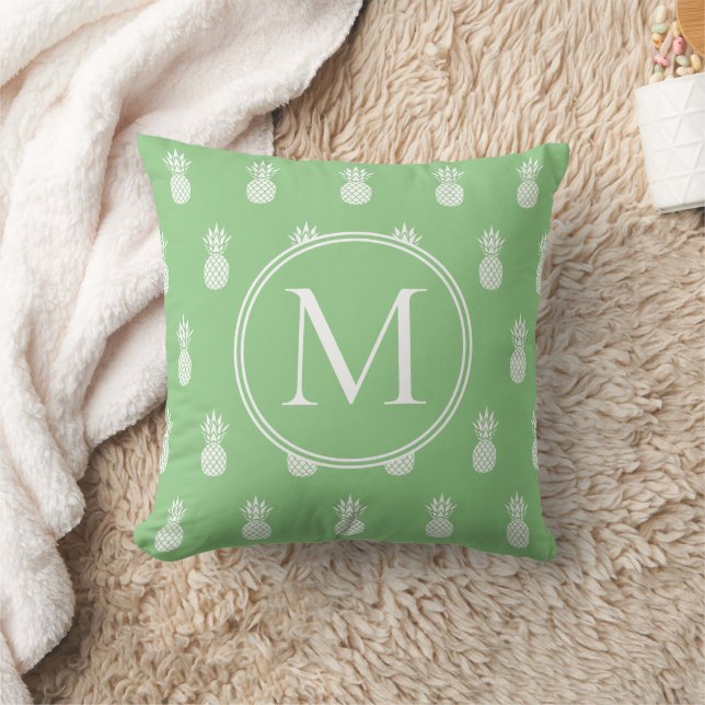 Sage Green and White Pineapples Monogram Cushion (Blanket)