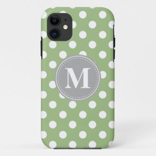 Sage Green and White Polka Dots Grey Monogram Case-Mate iPhone Case
