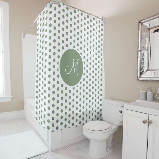 Sage Green and White Polka Dots Monogrammed Shower Curtain (In Situ)
