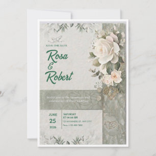 Sage Green and White Roses Elegant Wedding Invitat Invitation