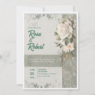 Sage Green and White Roses Elegant Wedding Invitat Invitation