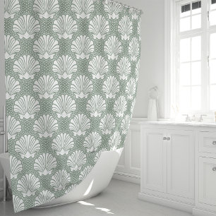 Sage Green and White Seashell Coastal  Shower Curtain