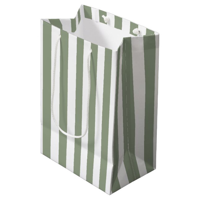 Sage Green and White Stripe  Medium Gift Bag (Front Angled)