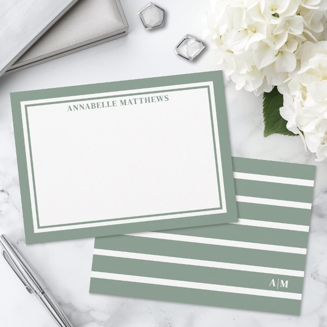Sage Green And White Striped Monogram Card (Sage Green And White Striped Monogram Note Card )