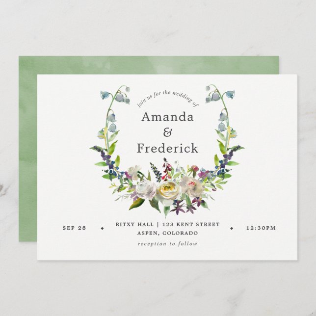 Sage Green and White Watercolor Floral Wedding Invitation (Front/Back)