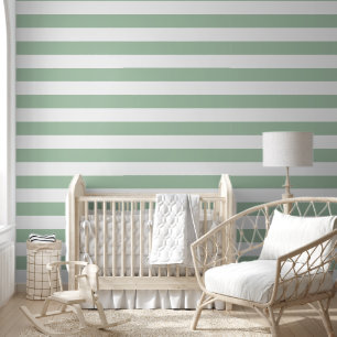Sage Green and White Wide Horizontal Stripes Wallpaper