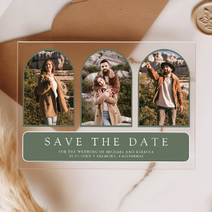 Sage Green Arch 3 Photo Wedding Save the Date Acrylic Invitations