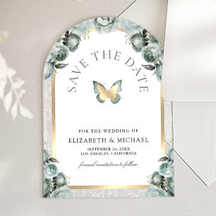 Sage Green Arch Butterfly Wedding Save the Date Acrylic Invitations