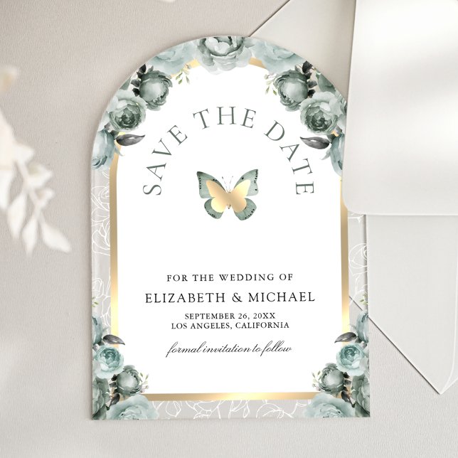 Sage Green Arch Butterfly Wedding Save the Date Acrylic Invitations (Creator Uploaded)