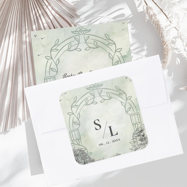 Sage Green Arch Monogram Initials Wedding Envelope Square Sticker (Sage Green Monogram Wedding Envelope Seal | Botanical Arch Initials Sticker)