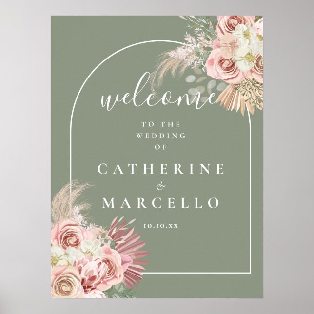 Sage Green Arch Pampas Grass Wedding Welcome Sign (Front)