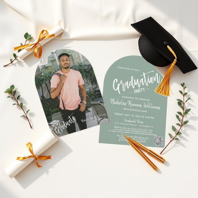 Sage Green Arch Photo Graduation Party QR Code Invitation (Creator Uploaded)