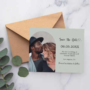 Sage green arch photo wedding Save the Date card