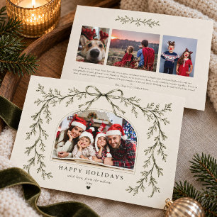 Sage Green Arched Photo Olive Botanical Ribbon Holiday Card