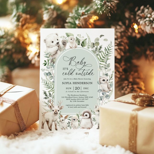 Sage Green Arctic Animals Winter Baby Shower Invitation (Creator Uploaded)