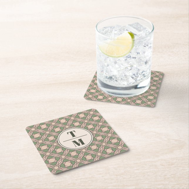 Sage Green Art Deco Wedding Monogram Coaster (Insitu)