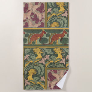 Sage Green Art Nouveau Hoopoe Butterfly Art Beach Towel