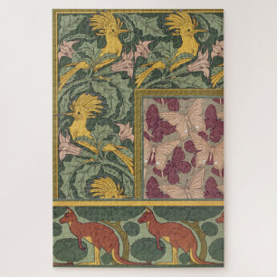 Sage Green Art Nouveau Hoopoe Butterfly Art Jigsaw Puzzle