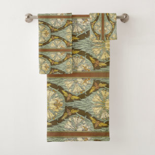 Sage Green Art Nouveau Lily Insect Pattern Bath Towel Set