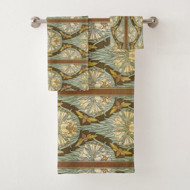 Sage Green Art Nouveau Lily Insect Pattern Bath Towel Set (Insitu)