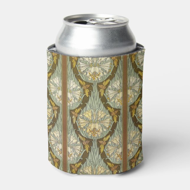 Sage Green Art Nouveau Lily Insect Pattern Can Cooler (Can Front)